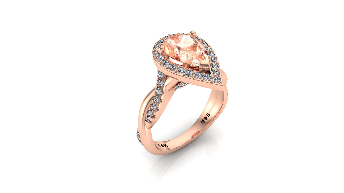 10x7mm (1.80ct) Single Diamond Twist Pear Cut Morganite Diamond Halo 14K Gold Ring BSAQ016