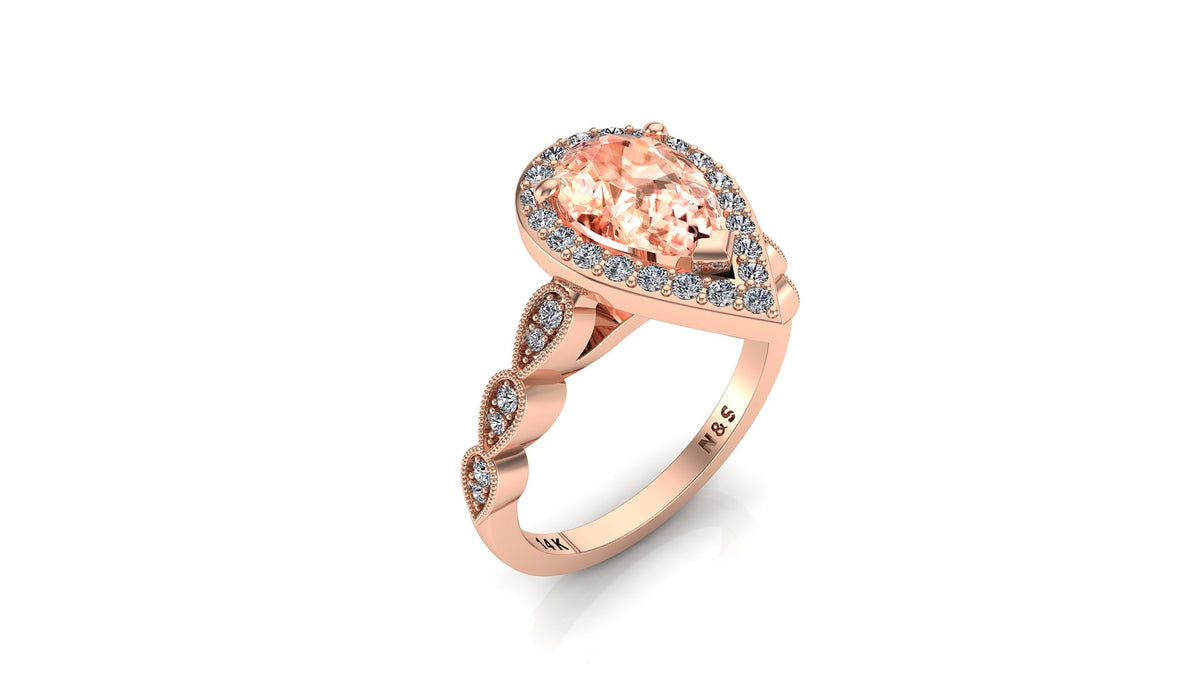 9x6mm (1.30ct) Milgrain Pear Cut Morganite Diamond Halo 14K Gold Ring BSAQ008