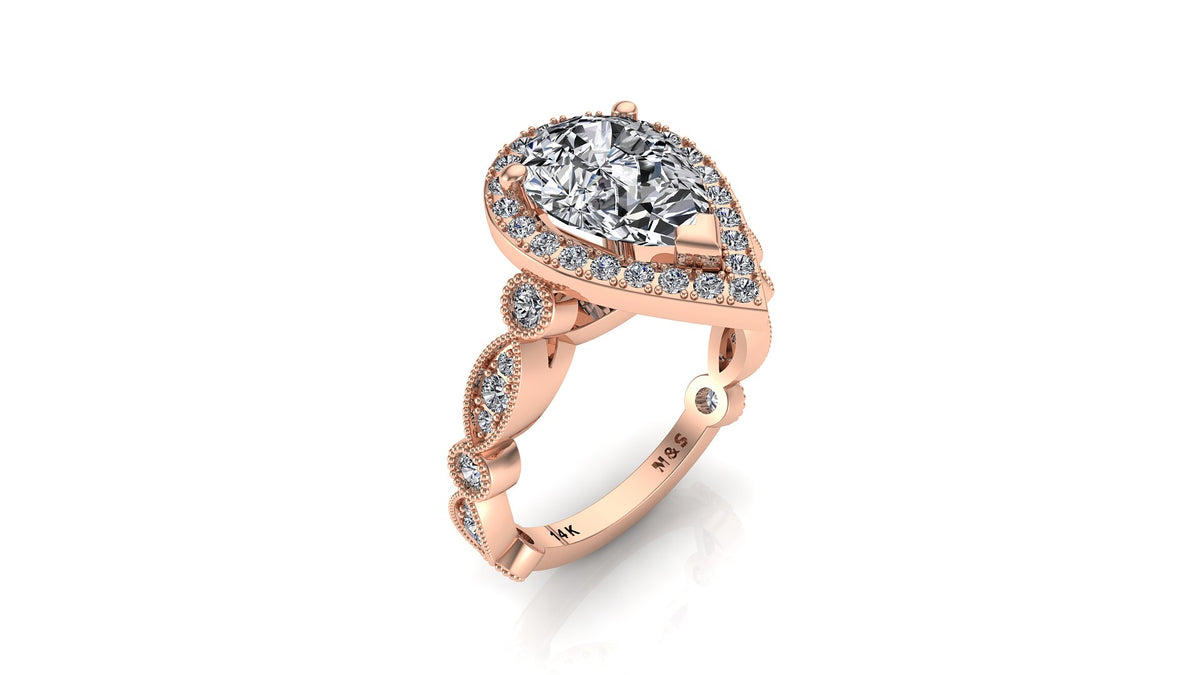 10x7mm (1.80ct) ForeverOne Pear Moissanite Round Marquise Style Milgrain Band 14K Gold Engagement Ring MOENG040