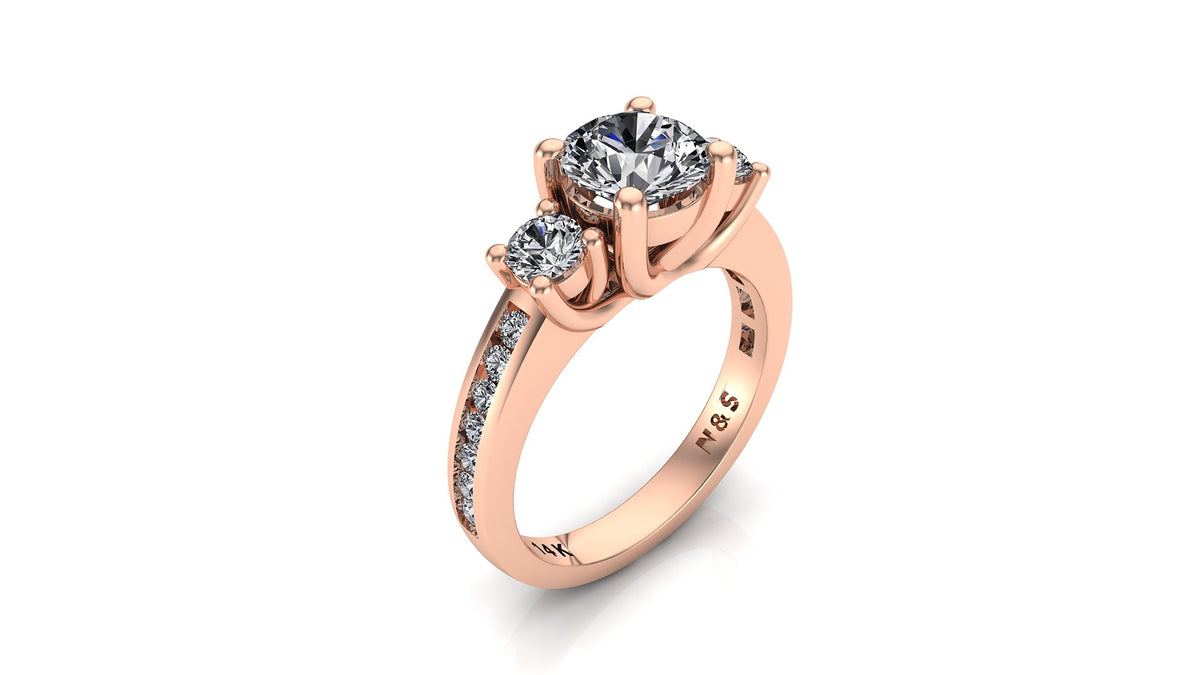 6.5mm (1.00ct) ForeverOne Round Moissanite Three Stone Channel Setting Band 14K Gold Engagement Ring MOENG044