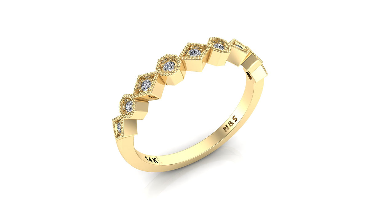 0.10ct Milgrain Beaded Square and Octagon Diamond Wedding Band 14K Gold BAN111