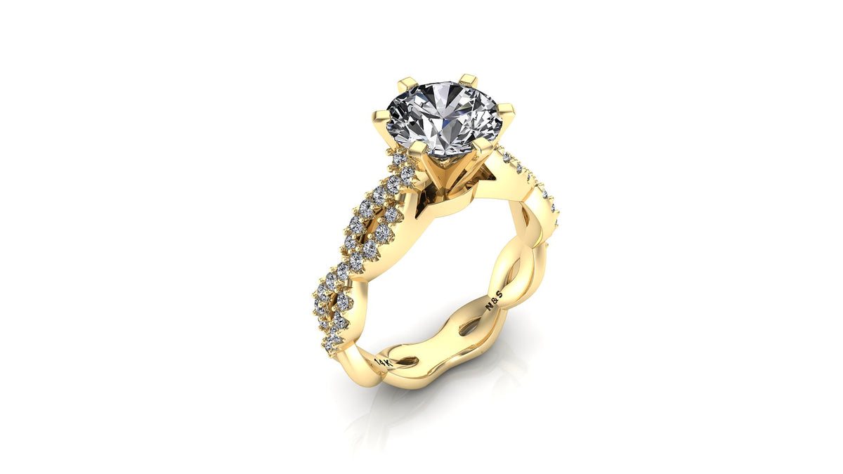 7mm (1.20ct) Stephanie ForeverOne Round Moissanite Diamond Twist Band 14K Gold Engagement Ring MOENG054