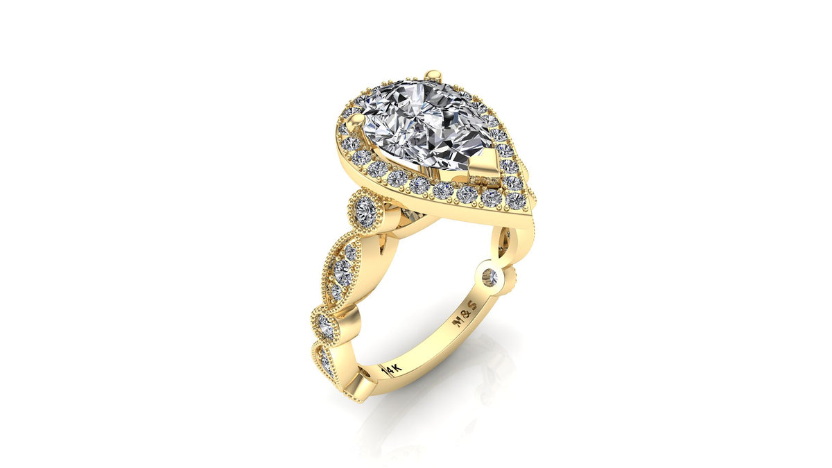 10x7mm (1.80ct) ForeverOne Pear Moissanite Round Marquise Style Milgrain Band 14K Gold Engagement Ring MOENG040