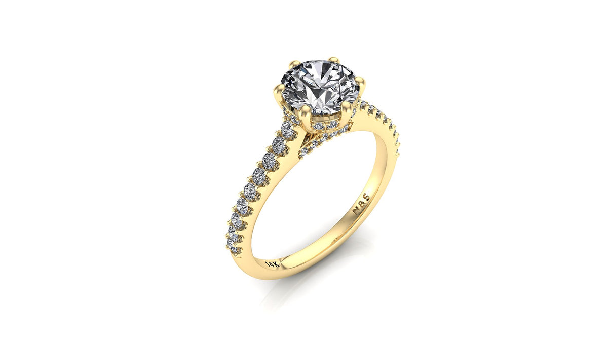 6.0mm (0.80ct) Jennifer ForeverOne Round Moissanite Underhalo Diamond Bridge Engagement Ring 14K Gold MOENG057