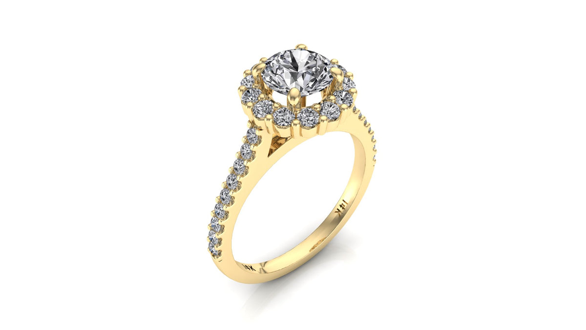 6mm (0.80ct) ForeverOne Round Moissanite Four Prong Diamond Halo Engagement Ring 14K Gold MOENG092