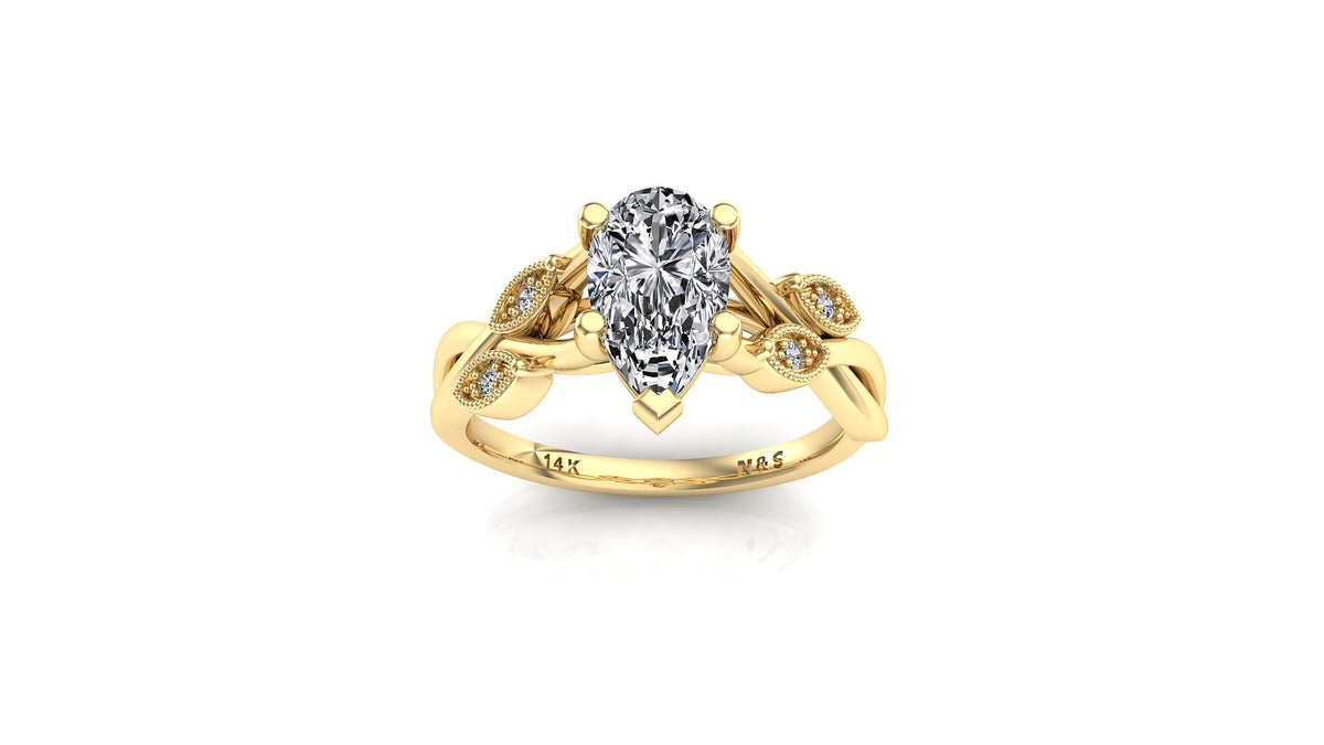 9x6mm (1.30ct) ForeverOne Pear Moissanite Marquise Style Milgrain Twist Band 14K Gold Engagement Ring MOENG008