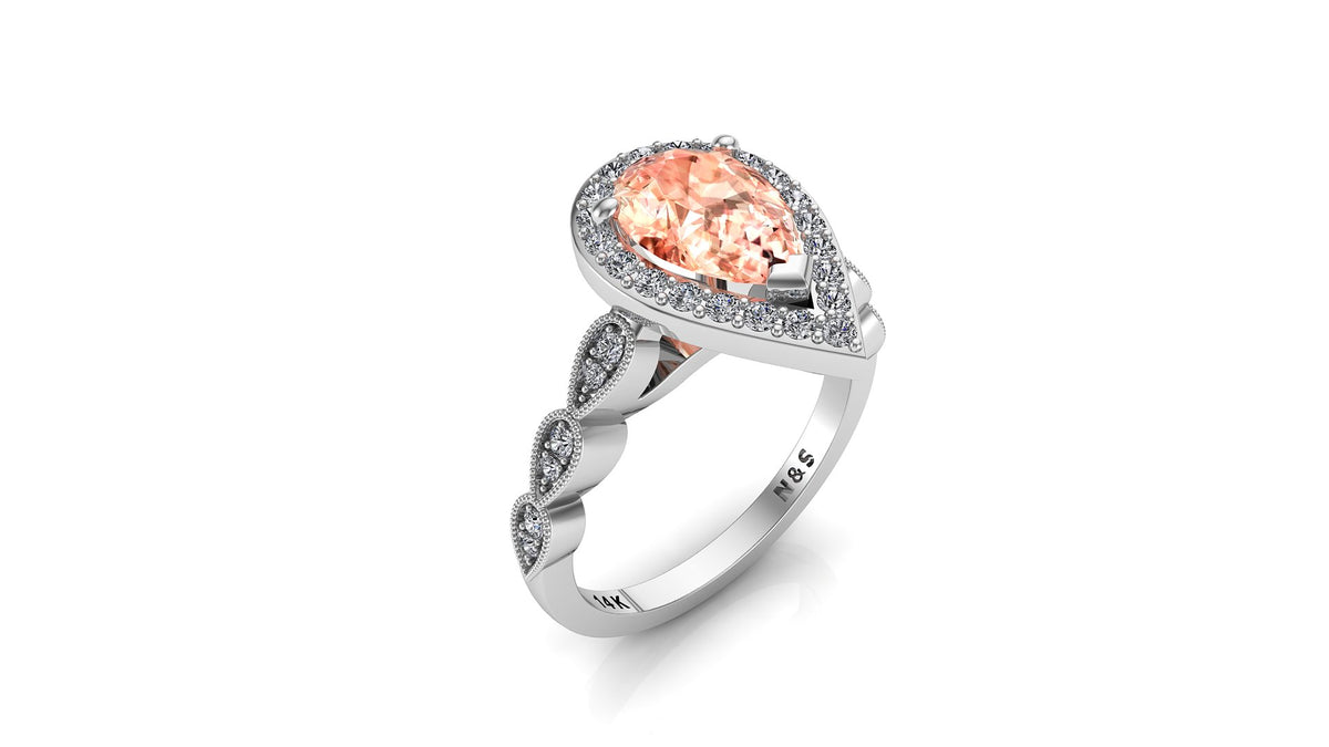 9x6mm (1.30ct) Milgrain Pear Cut Morganite Diamond Halo 14K Gold Ring BSAQ008