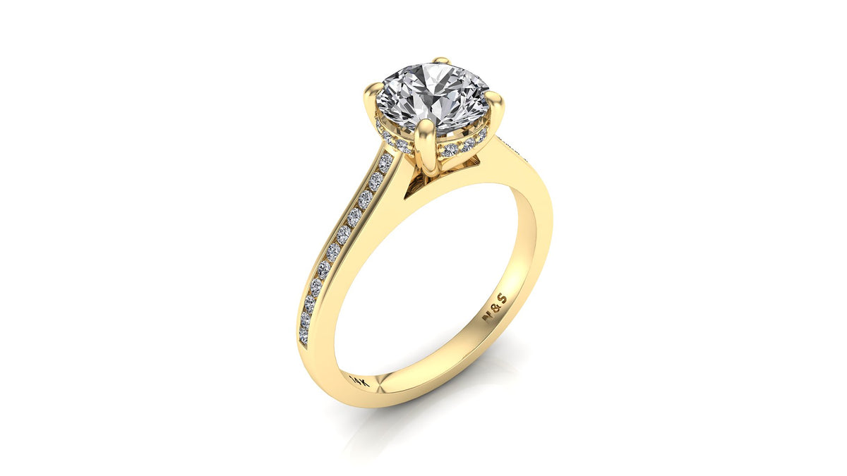 6.5mm (1.00ct) ForeverOne Round Moissanite Four Prong Diamond Underhalo Channel Setting Engagement Ring 14K Gold MOENG093