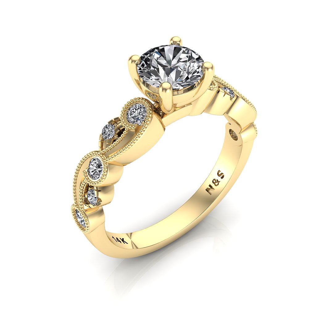 5.5mm (0.60ct) ForeverOne Round Moissanite Milgrain Design 14K Gold Engagement Ring MOENG060