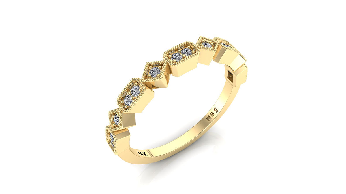 0.15ct Milgrain Beaded Rectangle and Square Diamond Wedding Band 14K Gold BAN110