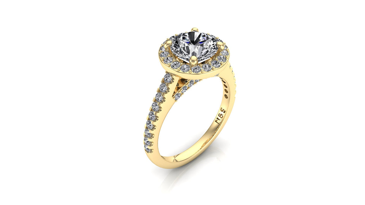 6.5mm (1.00ct) ForeverOne Round Moissanite Halo Cathedral Set Diamond Bridge Band 14K Gold Engagement Ring MOENG009