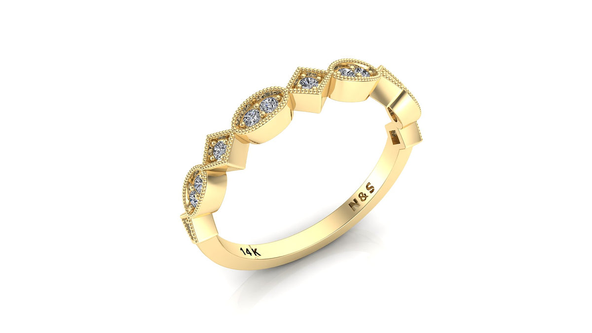 0.20ct Milgrain Beaded Oval and Square Diamond Wedding Band 14K Gold BAN113