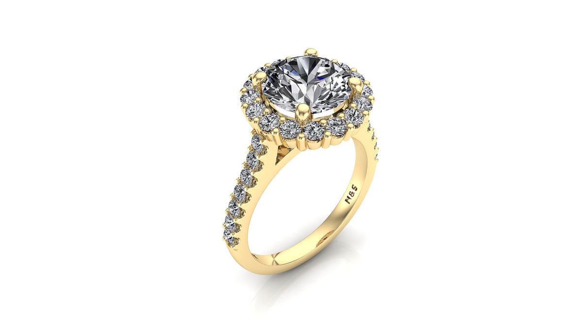 8mm (1.90ct) Joyce ForeverOne Round Moissanite Diamond Halo Cathedral Set Engagement Ring 14K MOENG052