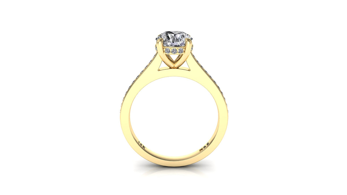 6.5mm (1.00ct) ForeverOne Round Moissanite Four Prong Diamond Underhalo Channel Setting Engagement Ring 14K Gold MOENG093