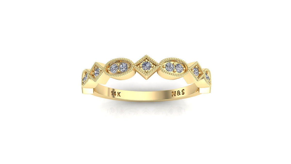 0.20ct Milgrain Beaded Oval and Square Diamond Wedding Band 14K Gold BAN113