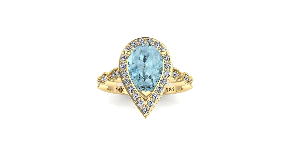 9x6mm (1.30ct) Milgrain Pear Cut Aquamarine Diamond Halo 14K Gold Ring BSAQ006