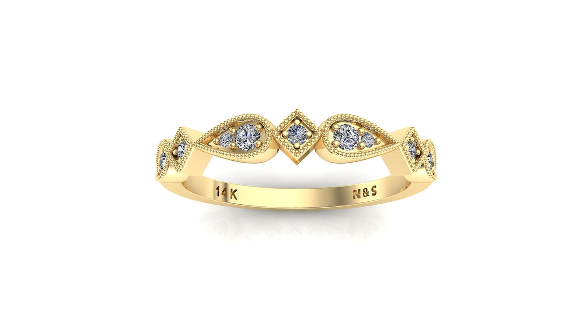 0.14ct Milgrain Beaded Pear and Square Diamond Wedding Band 14K Gold BAN106