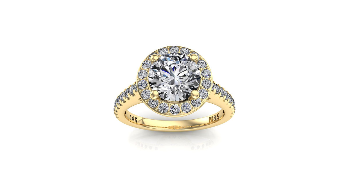 6.5mm (1.00ct) ForeverOne Round Moissanite Halo Cathedral Set Diamond Bridge Band 14K Gold Engagement Ring MOENG009
