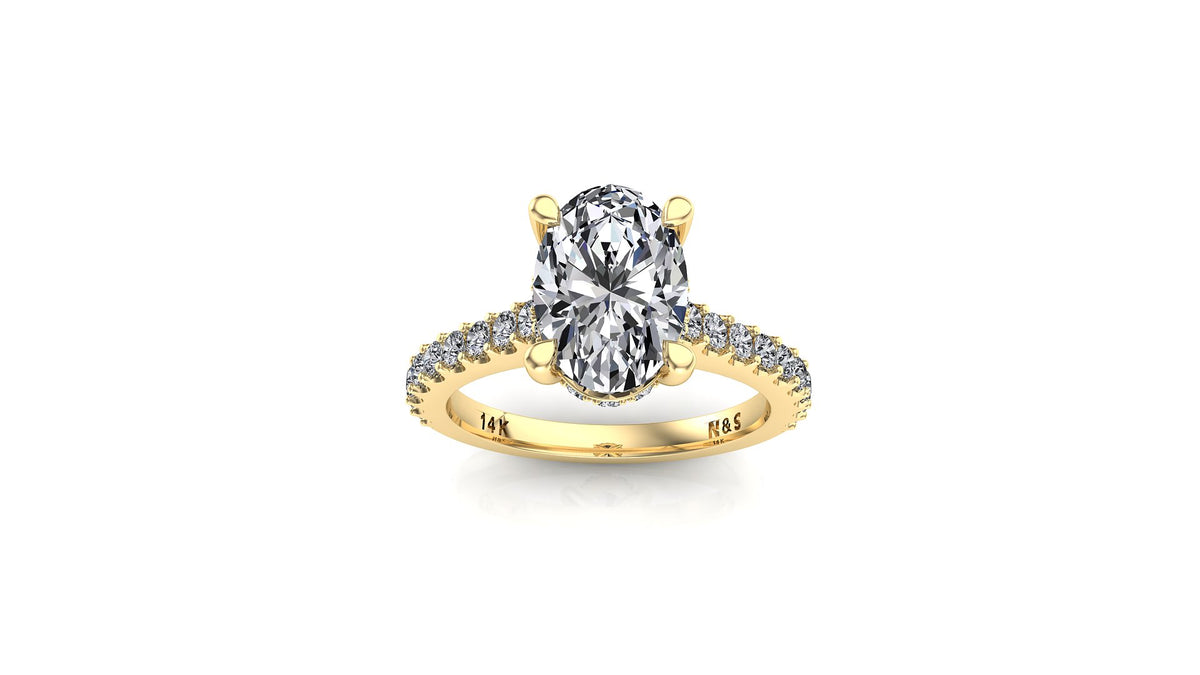 10x8mm (3.00ct)  ForeverOne Oval Moissanite Under Halo in 1.8mm Jennifer Diamond Band 14K Gold MOENG037