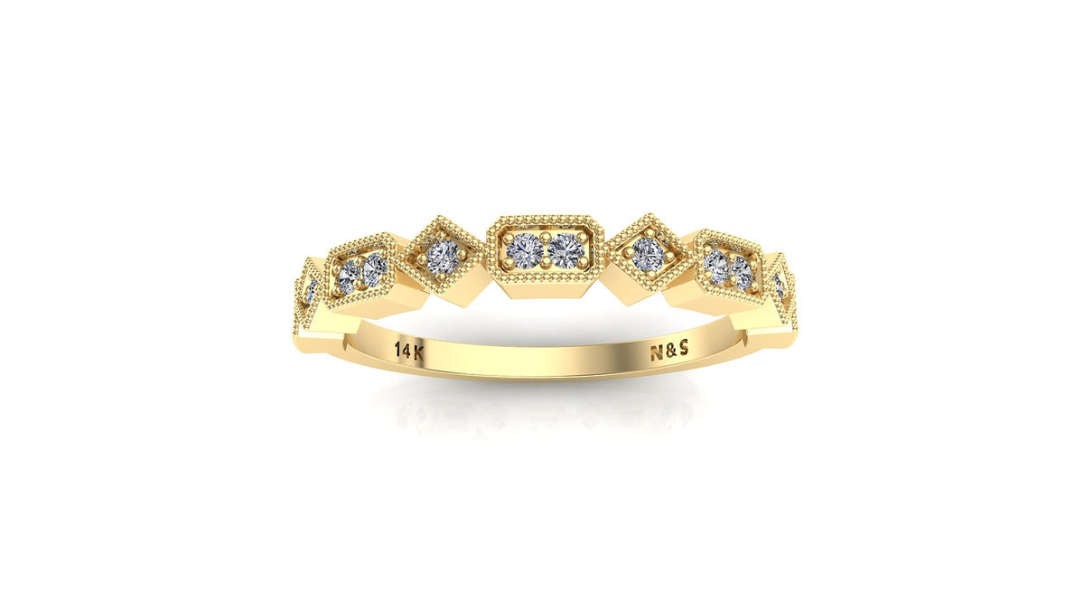 0.15ct Milgrain Beaded Rectangle and Square Diamond Wedding Band 14K Gold BAN110