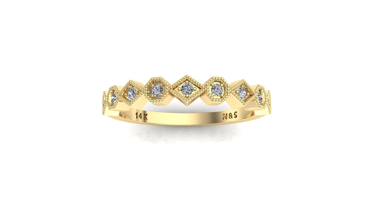 0.10ct Milgrain Beaded Square and Octagon Diamond Wedding Band 14K Gold BAN111