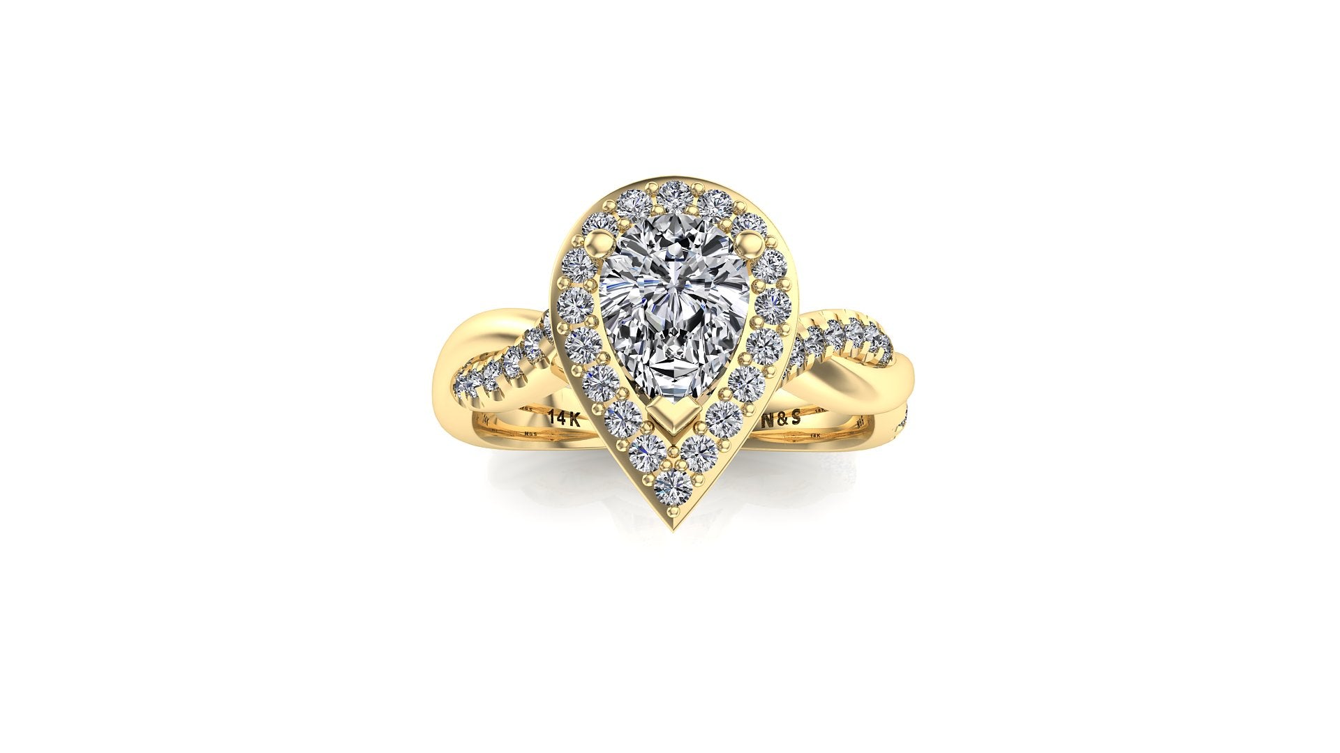 7x5mm (0.70ct) Kylie ForeverOne Halo Pear Moissanite Half Twist 14K Diamond Engagement Ring MOENG049
