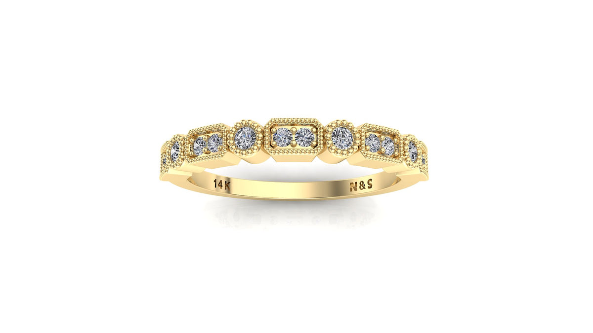 0.20ct Milgrain Beaded Rectangle and Round Diamond Wedding Band 14K Gold BAN109