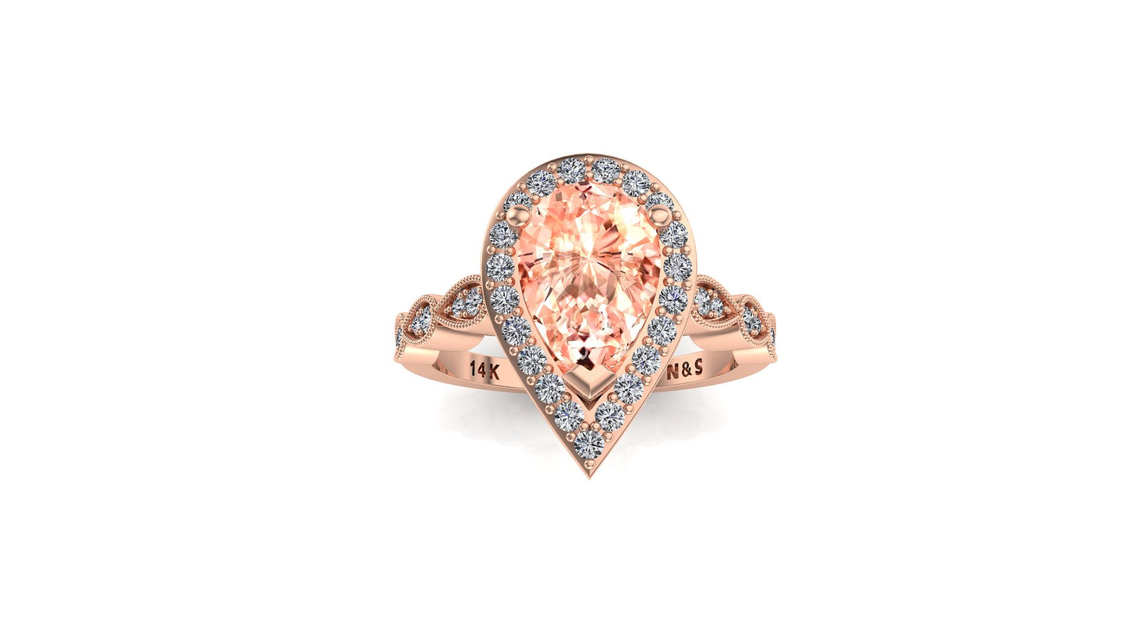 9x6mm (1.30ct) Milgrain Pear Cut Morganite Diamond Halo 14K Gold Ring BSAQ008