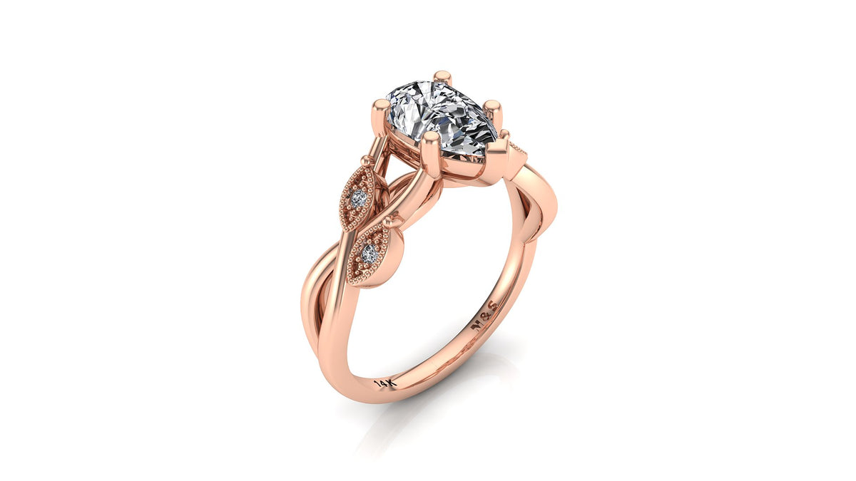 9x6mm (1.30ct) ForeverOne Pear Moissanite Marquise Style Milgrain Twist Band 14K Gold Engagement Ring MOENG008