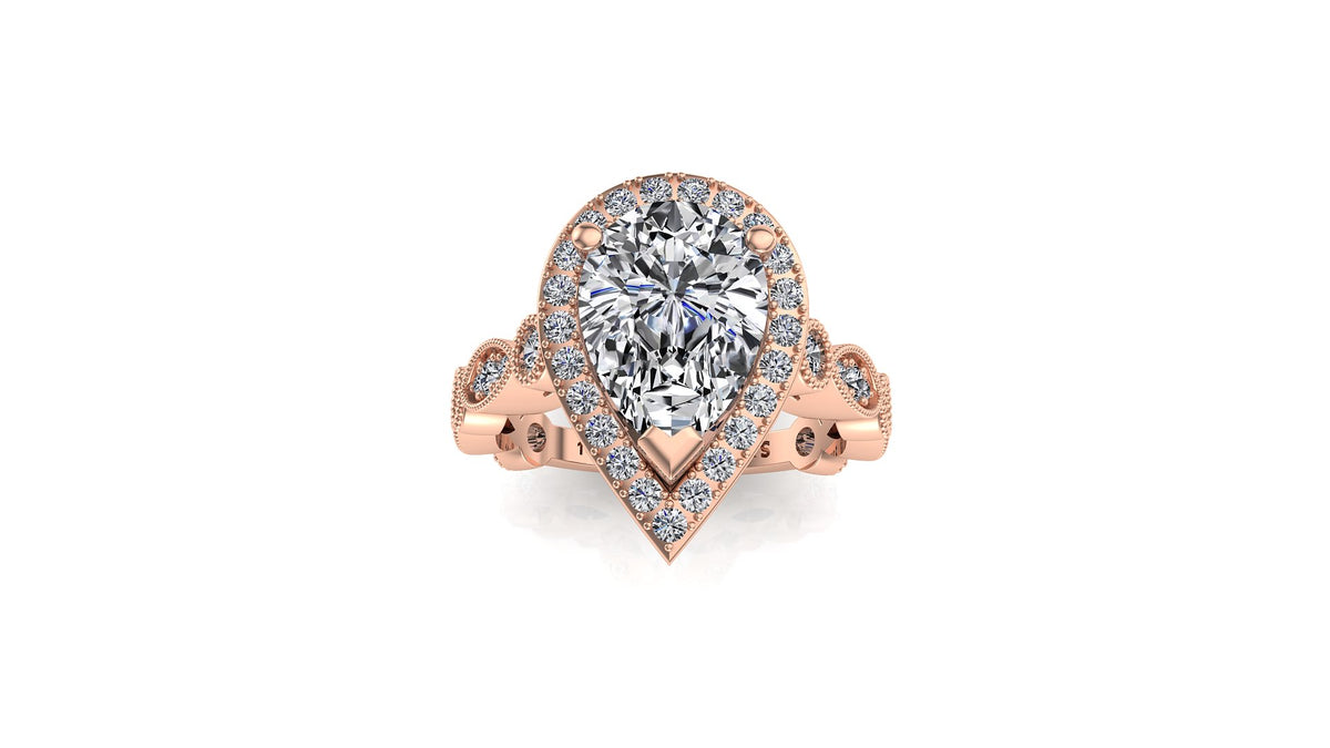 10x7mm (1.80ct) ForeverOne Pear Moissanite Round Marquise Style Milgrain Band 14K Gold Engagement Ring MOENG040