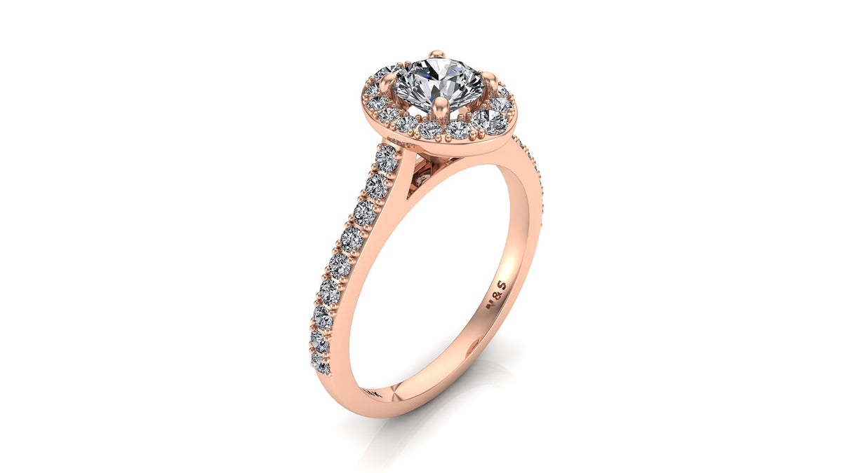 5.5mm (0.60ct)  ForeverOne Round Moissanite Diamond Halo Cathedral Set Engagement Ring 14K MOENG016