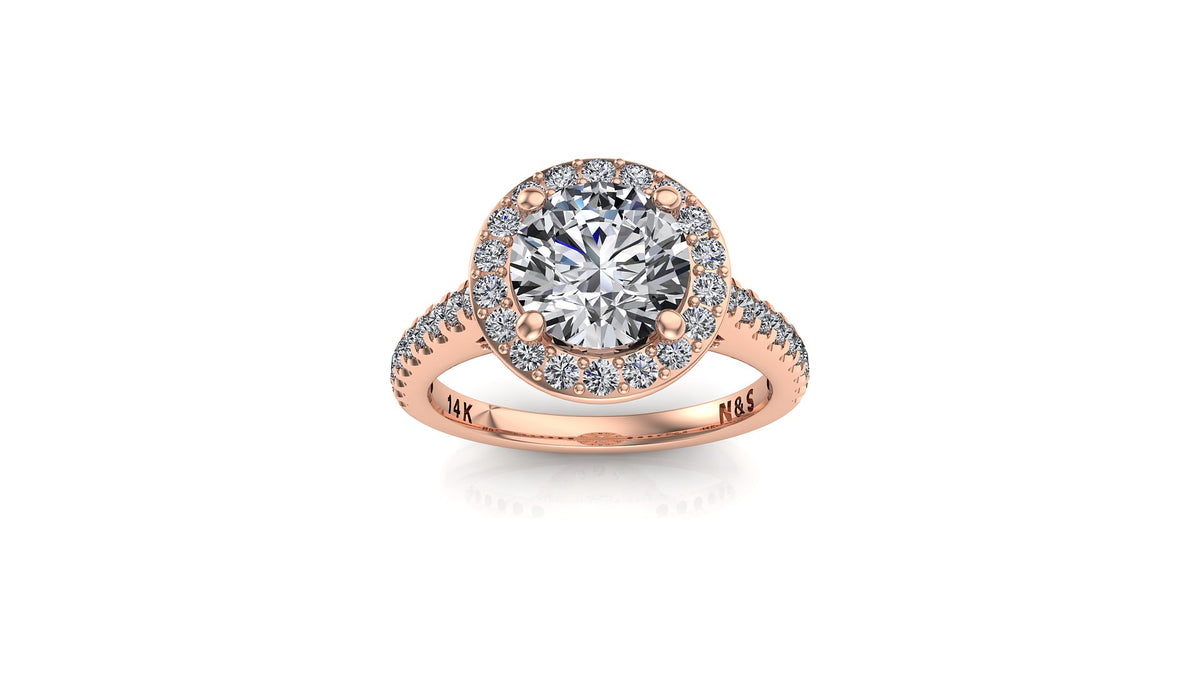 6.5mm (1.00ct) ForeverOne Round Moissanite Halo Cathedral Set Diamond Bridge Band 14K Gold Engagement Ring MOENG009