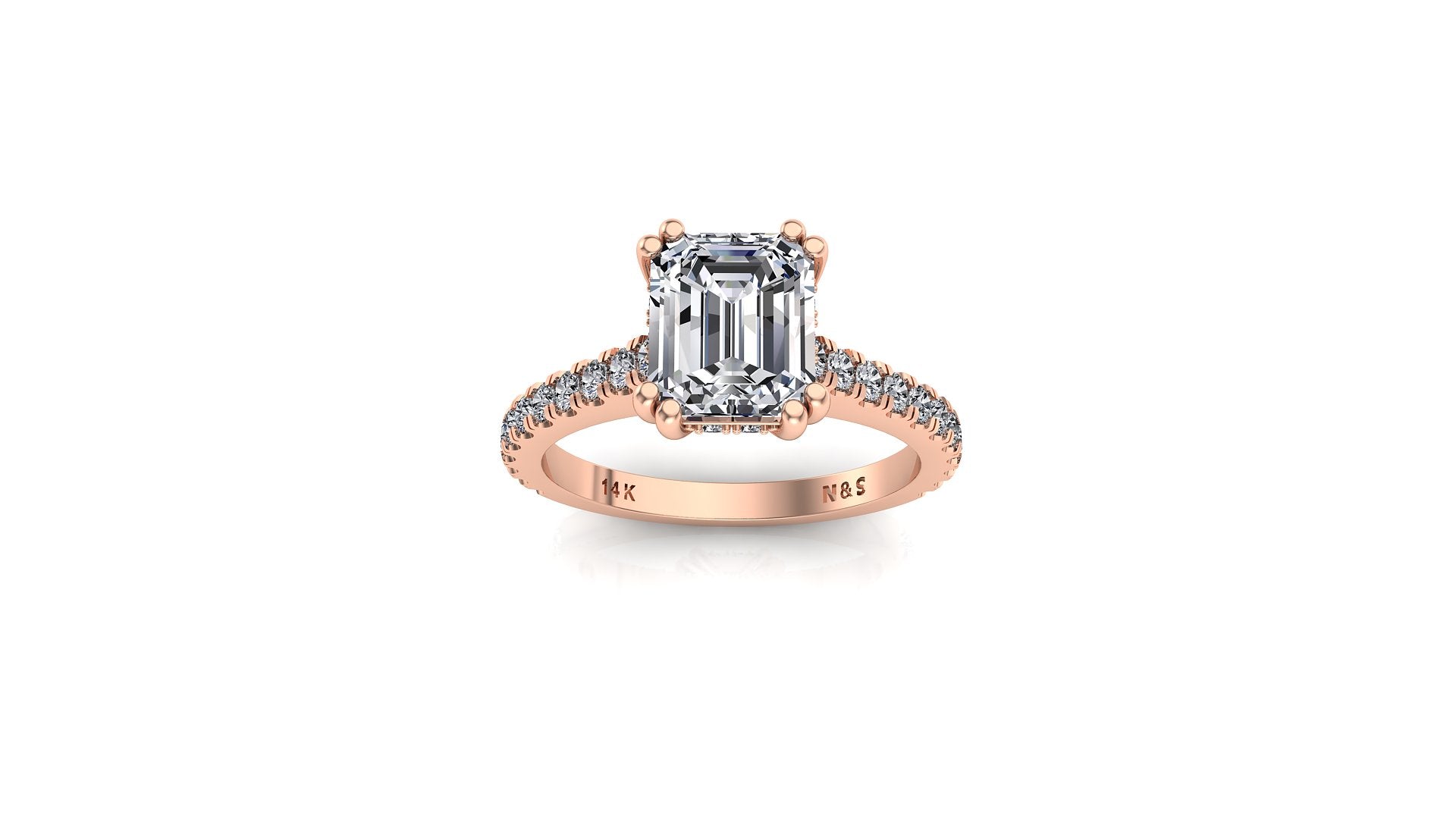 7x5mm (1.00ct) Jennifer ForeverOne Emerald Moissanite Underhalo Diamond Engagement Ring 14K Gold MOENG039