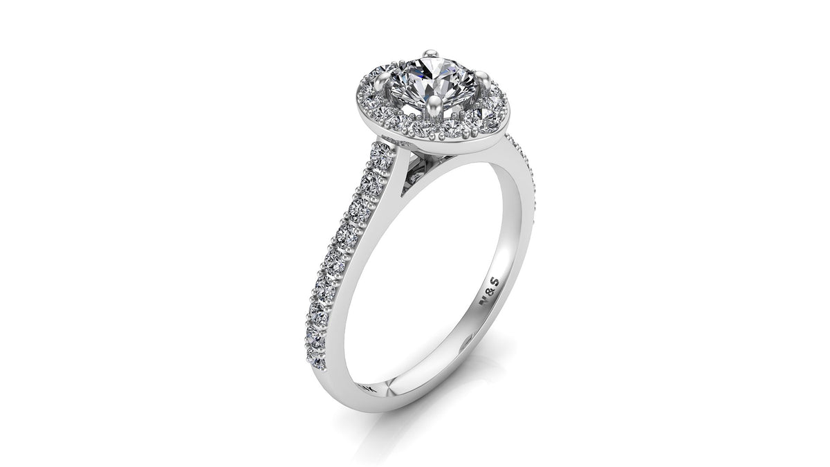 5.5mm (0.60ct)  ForeverOne Round Moissanite Diamond Halo Cathedral Set Engagement Ring 14K MOENG016