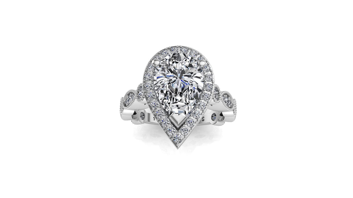 10x7mm (1.80ct) ForeverOne Pear Moissanite Round Marquise Style Milgrain Band 14K Gold Engagement Ring MOENG040