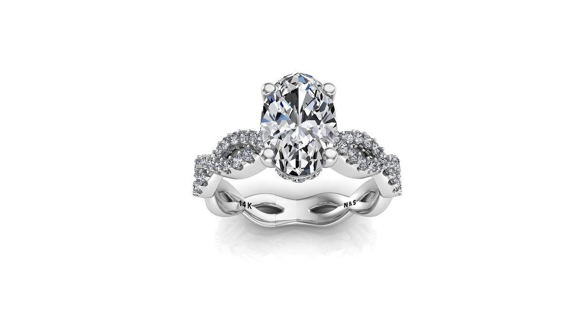 8x6mm (1.50ct) Stephanie ForeverOne Oval Moissanite Under Halo Twist Band Engagement Ring 14K Gold MOENG050