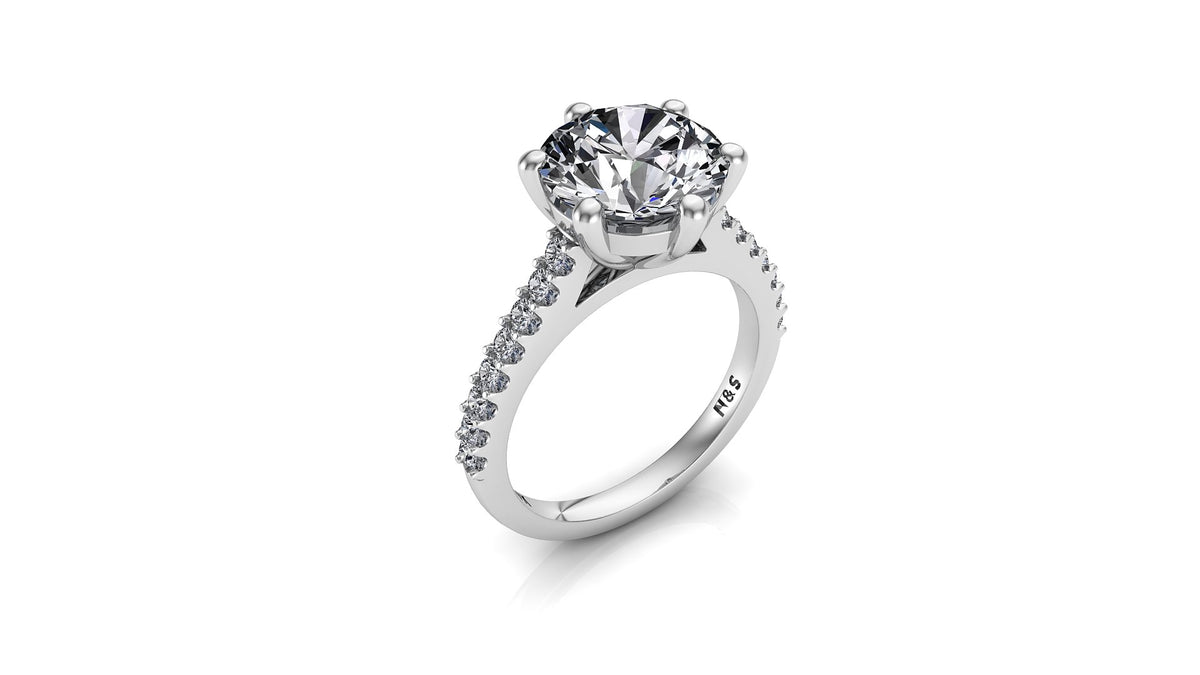 8mm (1.90ct)  ForeverOne Round Moissanite in 2.0mm Jennifer Diamond Band 14K Gold MOENG048