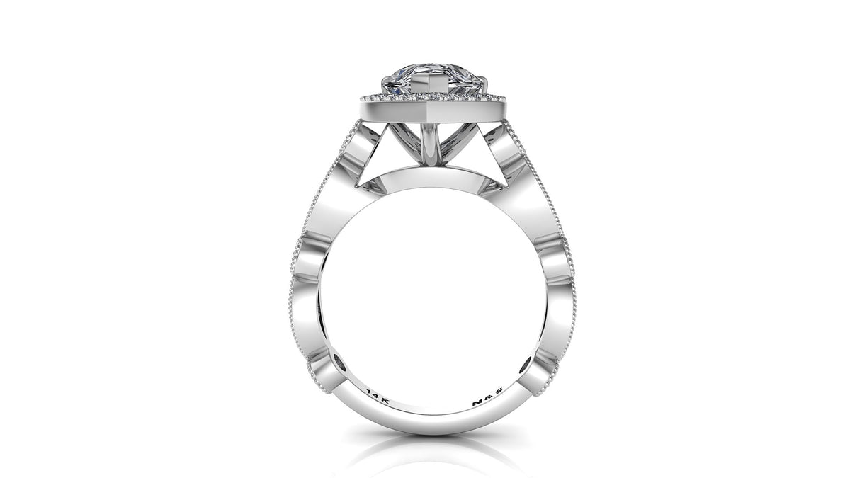 10x7mm (1.80ct) ForeverOne Pear Moissanite Round Marquise Style Milgrain Band 14K Gold Engagement Ring MOENG040