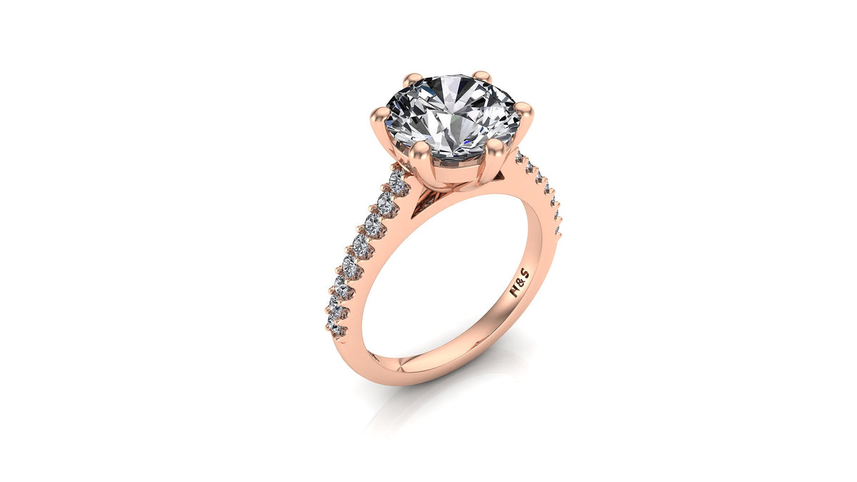 8mm (1.90ct)  ForeverOne Round Moissanite in 2.0mm Jennifer Diamond Band 14K Gold MOENG048