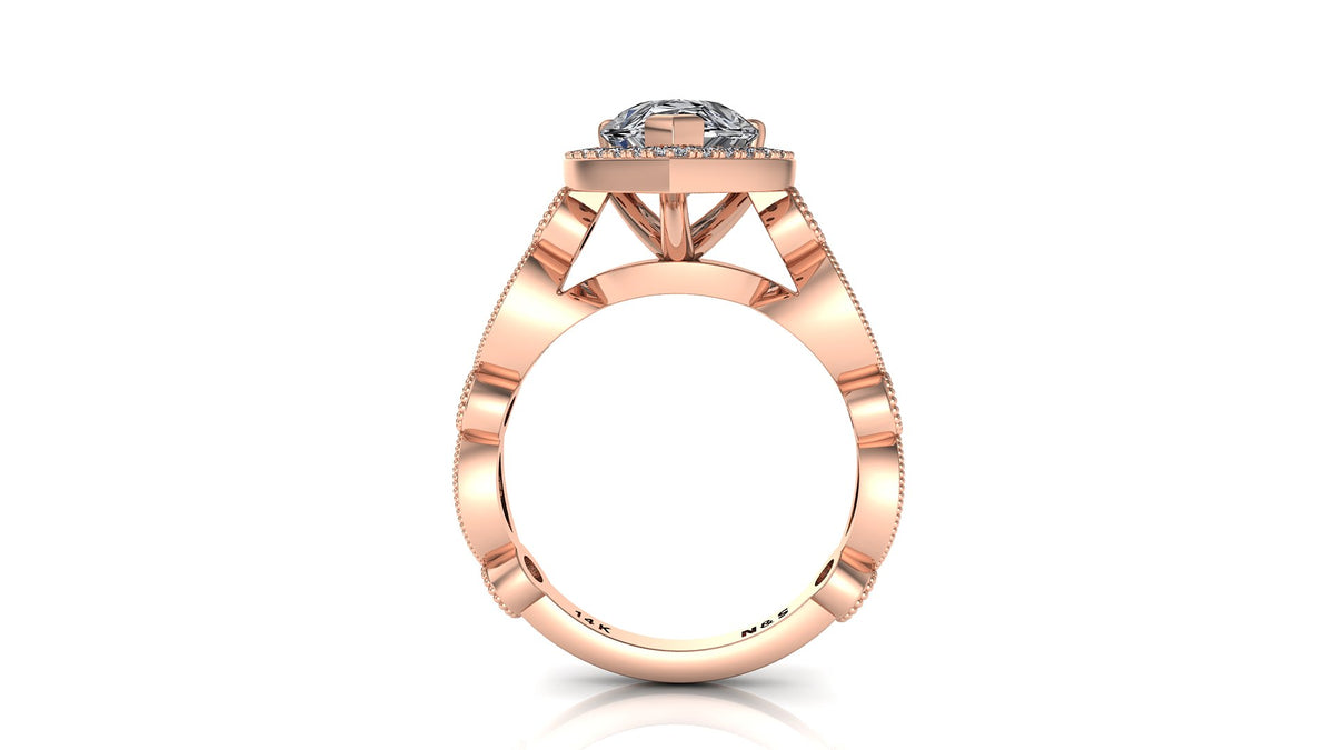 10x7mm (1.80ct) ForeverOne Pear Moissanite Round Marquise Style Milgrain Band 14K Gold Engagement Ring MOENG040