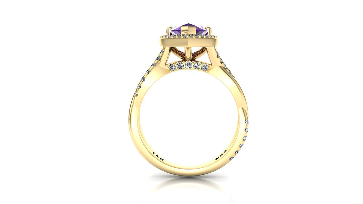 9x6mm (1.30ct) Single Diamond Twist Pear Cut Amethyst Diamond Halo 14K Gold Ring BSAQ010
