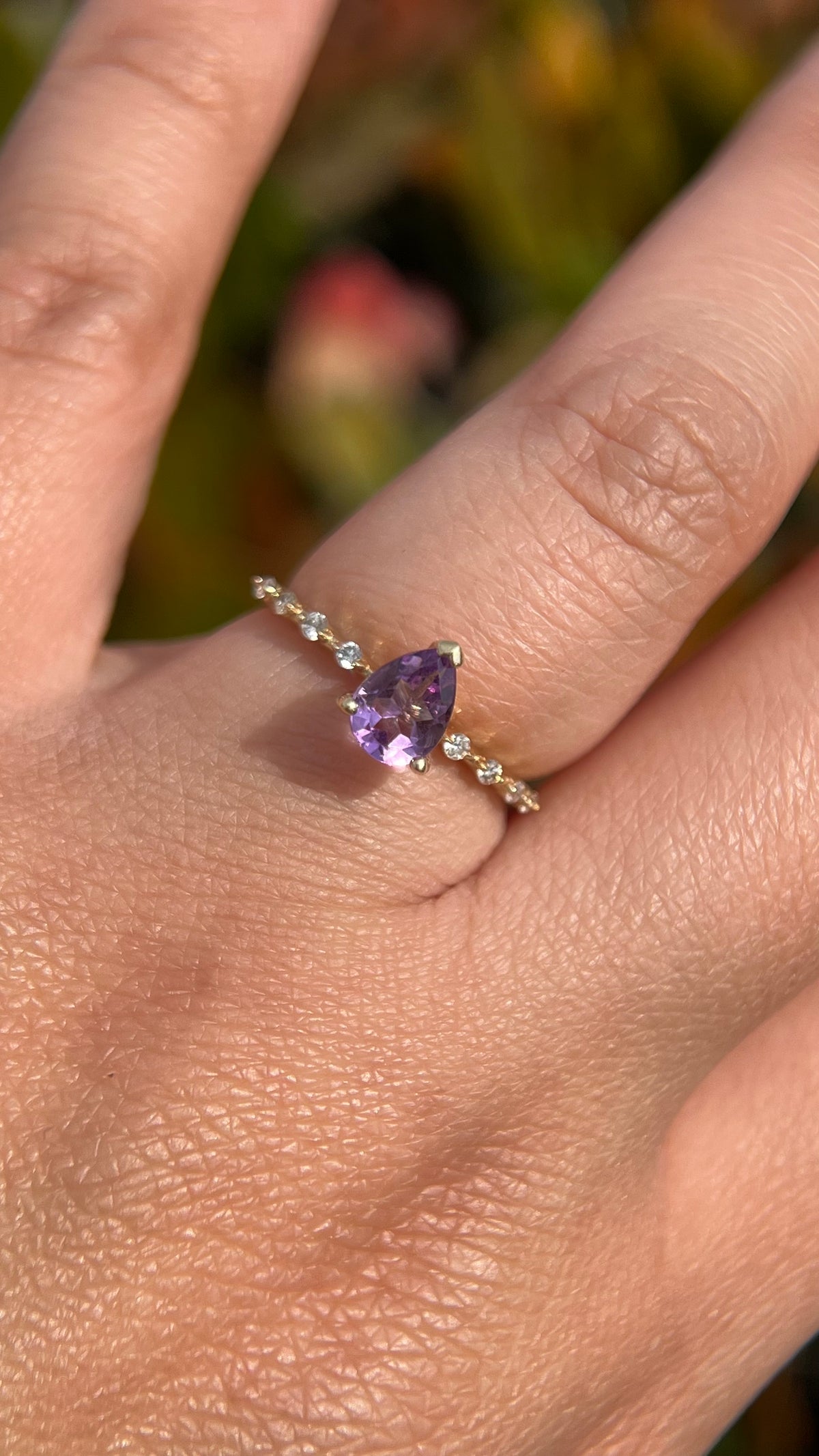Bella 7x5mm 0.40ct Pear Amethyst Spaced Diamond Ring 14K Gold DFR014
