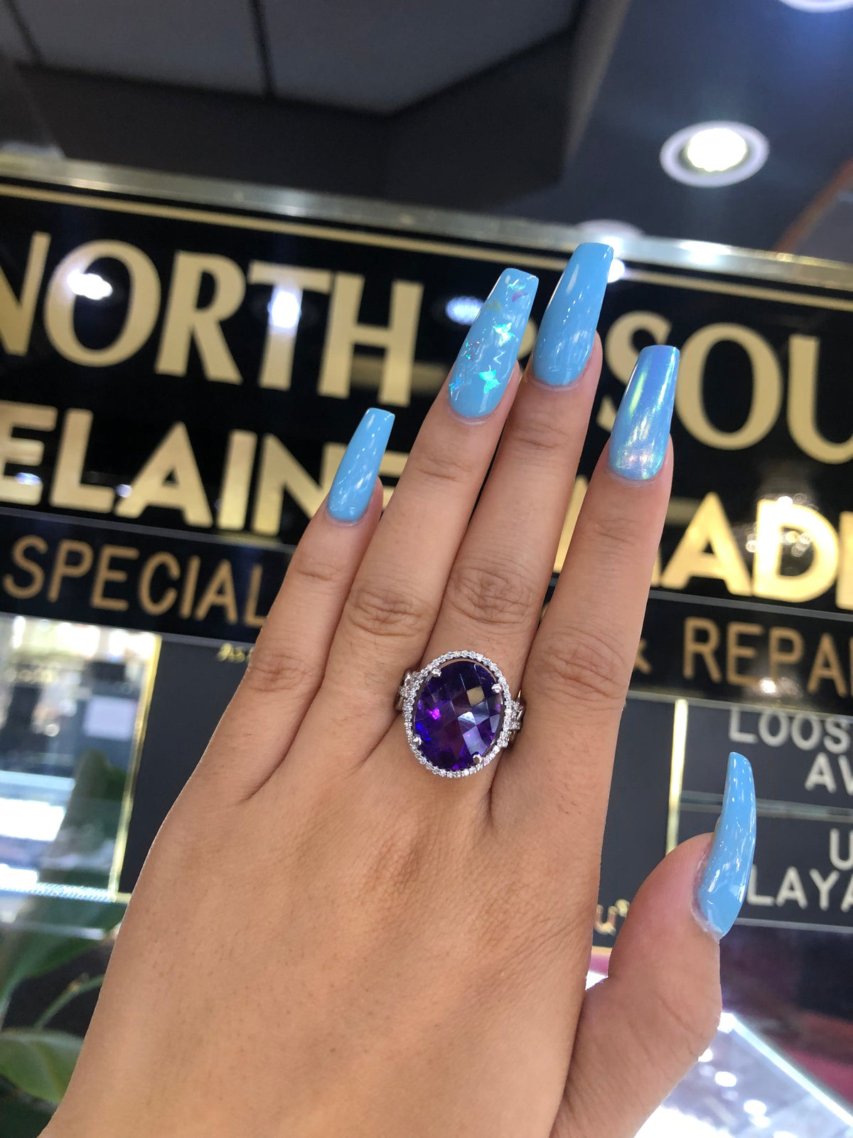 8.1 CT Oval Amethyst Diamond Ring 0.41 CT TW 14K White Gold AMR002 - NorthandSouthJewelry