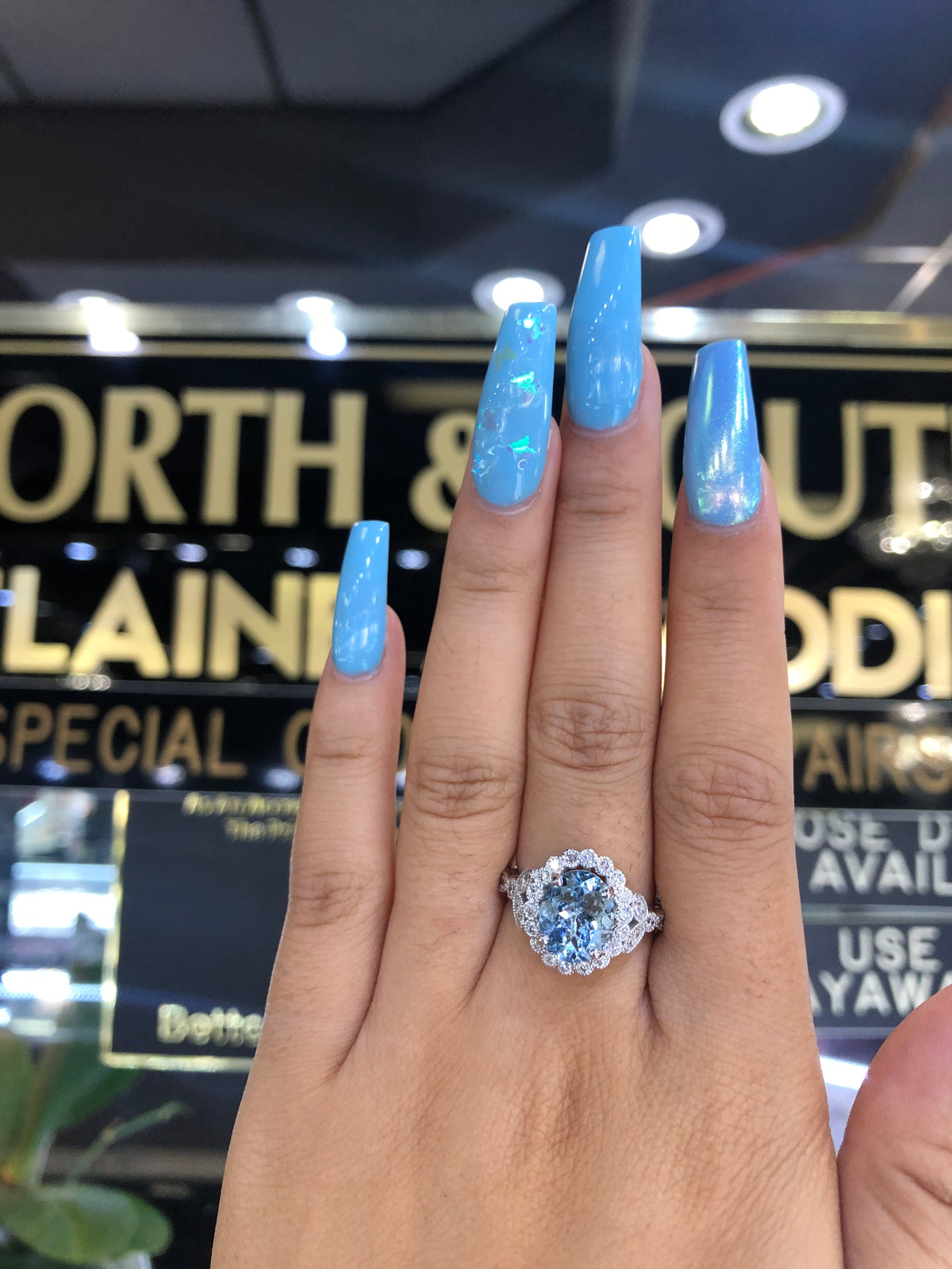 2.20 Oval Aquamarine Diamond Ring 0.60 CT TW 14K White Gold AQMR001 - NorthandSouthJewelry