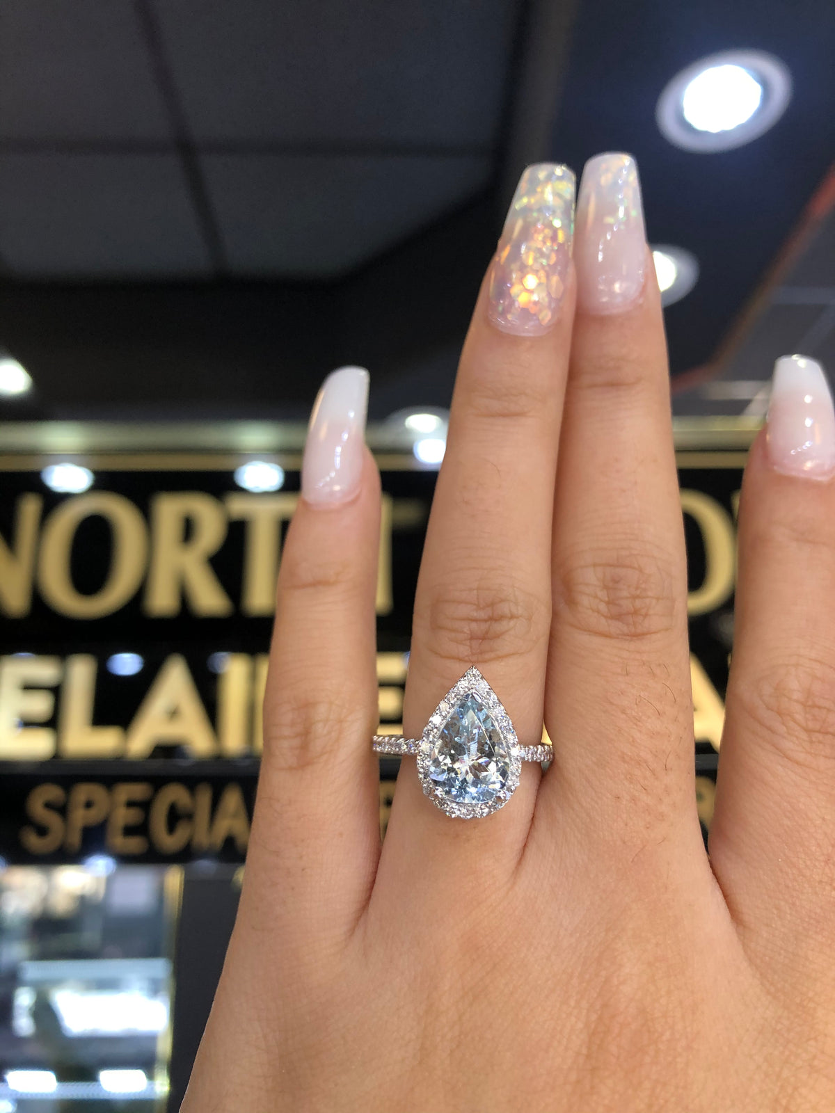 8x6mm 1.0-1.3 CT Pear Cut Aquamarine Diamond Halo 14K Gold Ring BSAQ2