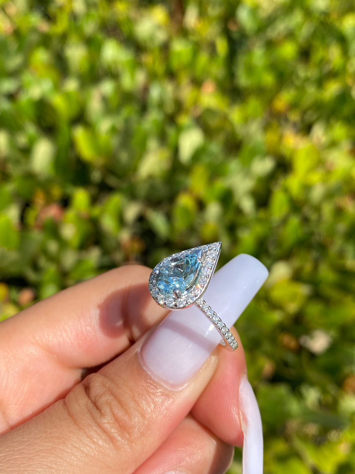 1.5-1.7 CT Pear Cut Aquamarine Diamond Halo 14K Gold Ring BSAQ3