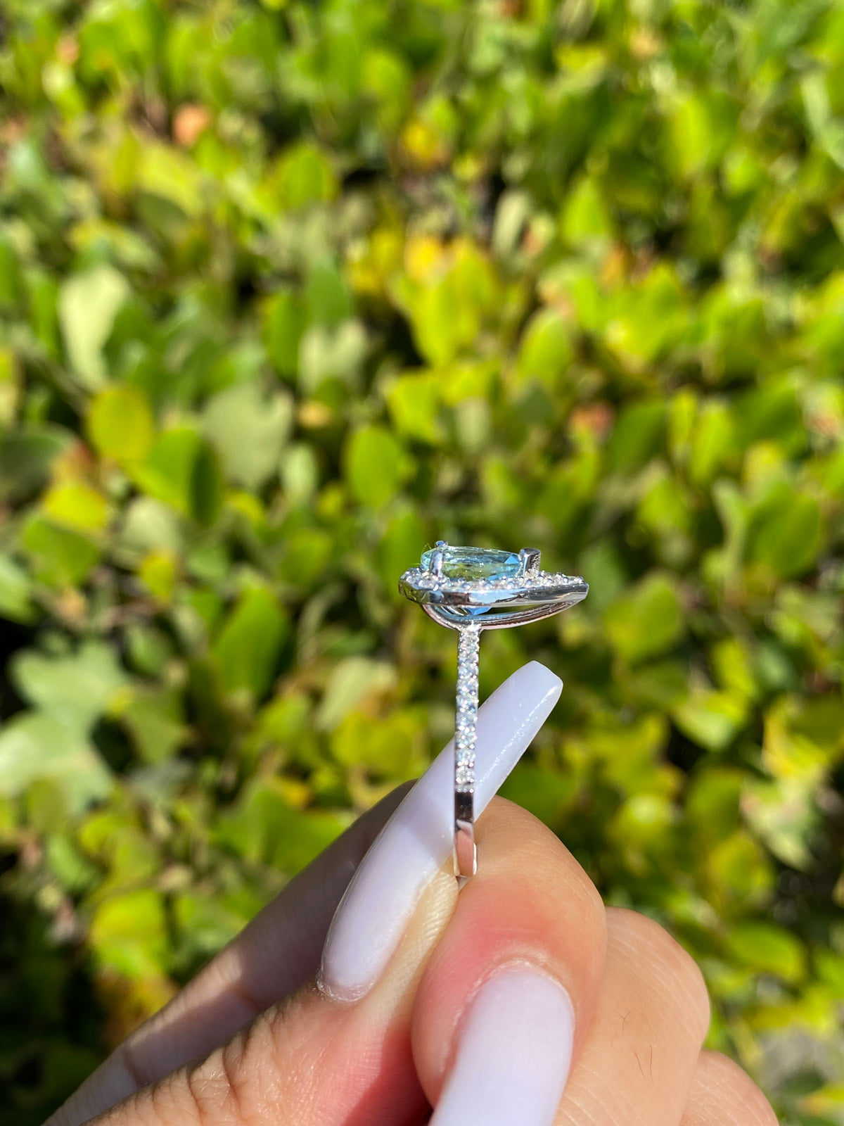 1.5-1.7 CT Pear Cut Aquamarine Diamond Halo 14K Gold Ring BSAQ3