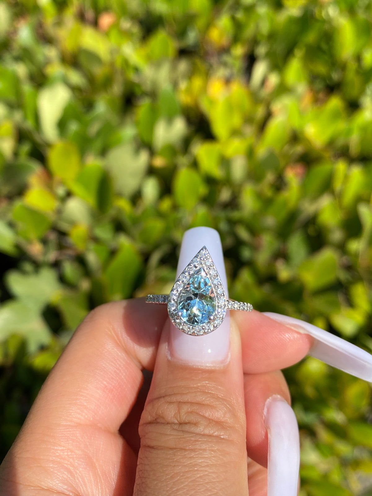1.5-1.7 CT Pear Cut Aquamarine Diamond Halo 14K Gold Ring BSAQ3