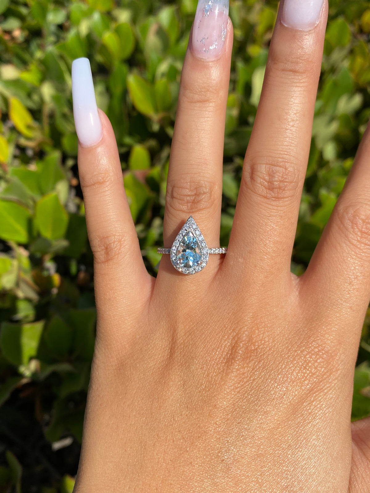 1.5-1.7 CT Pear Cut Aquamarine Diamond Halo 14K Gold Ring BSAQ3