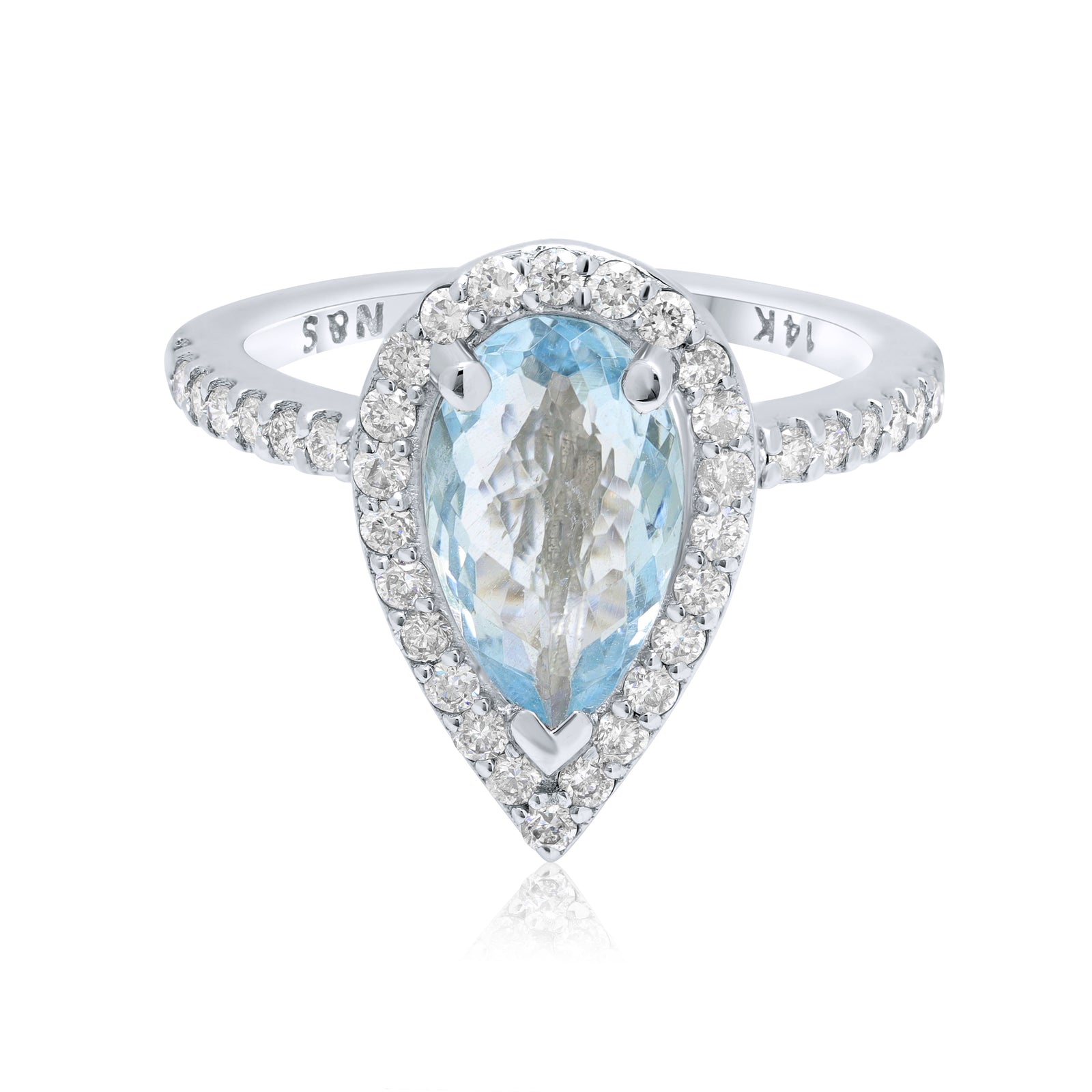 10x7mm 1.8-2.0 CT Pear Cut Aquamarine Diamond Halo 14K Gold Ring BSAQ4
